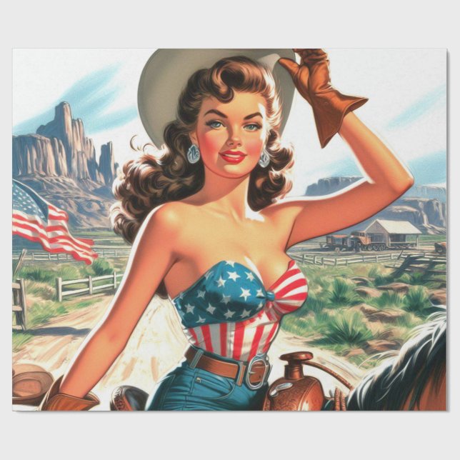 Papel De Regalo Retro Hermosa Cowgirl Pin Up (Superficie plana)
