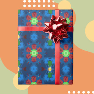 Papel De Regalo Retro Mandala Azul Rojo y Verde