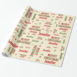 Papel De Regalo Retro Merry Christmas Jennifer Nombre personalizad<br><div class="desc">Personalizado Retro Moderno Lechando Feliz Navidad de Siglo Medio con el nombre Jennifer. Diseño tipográfico con nostálgico,  divertido y estético moderno de mediados de siglo. En Navidades rojos,  verde oliva y crema.</div>