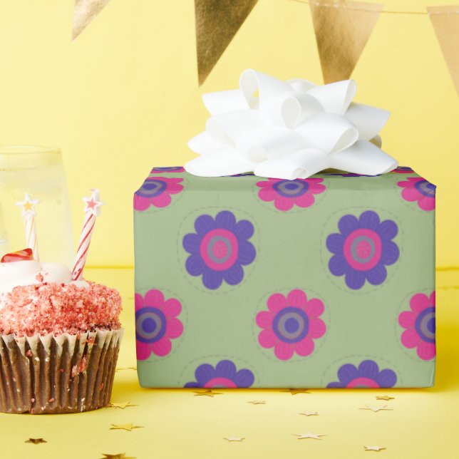 Papel De Regalo Retro Mid-mod Floral Vibrant Pink Purple & Green (Fiesta de cumpleaños )