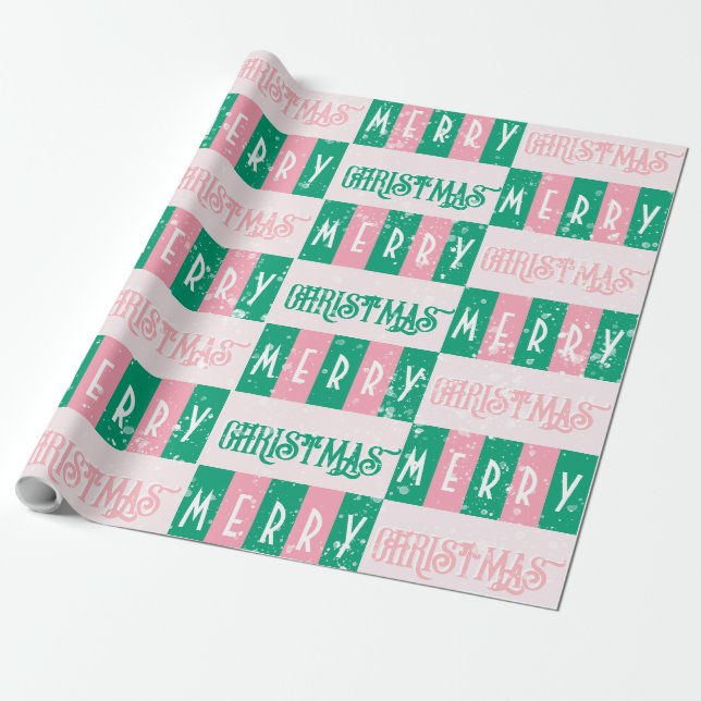 Papel De Regalo Retro MidCentury Feliz Navidad Verde Rosa (Desenrollado)
