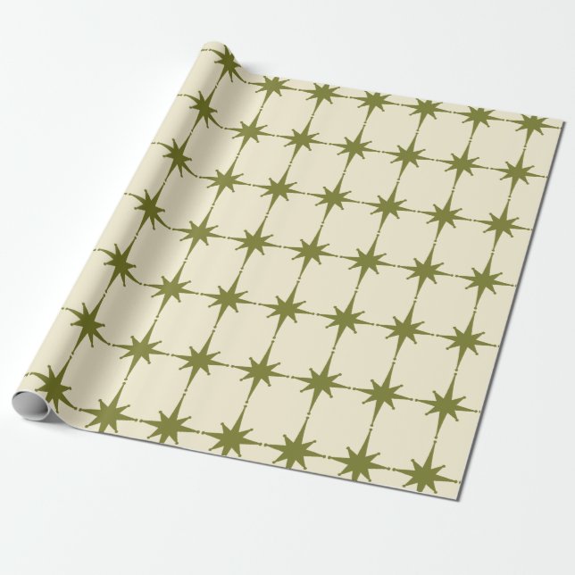 Papel De Regalo Retro Mid's Modern Starbursts Vieja Verde (Desenrollado)