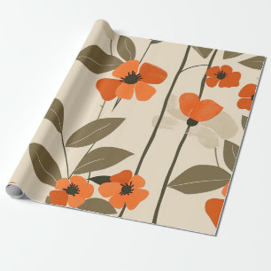 Papel De Regalo Retro Naranja Botánico Atrevido 70s Floral Vintage