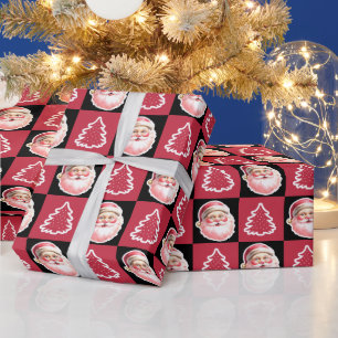 Papel De Regalo Retro Negro Santa Claus Árbol de Navidad revestido