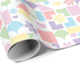 Papel De Regalo Retro Pastel Patchwork with 70s Shapes, Flowers