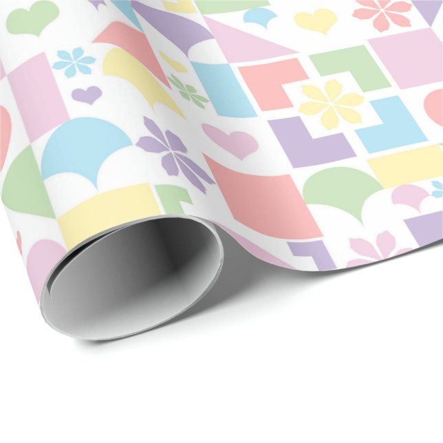 Papel De Regalo Retro Pastel Patchwork with 70s Shapes, Flowers  (Esquina del rollo)