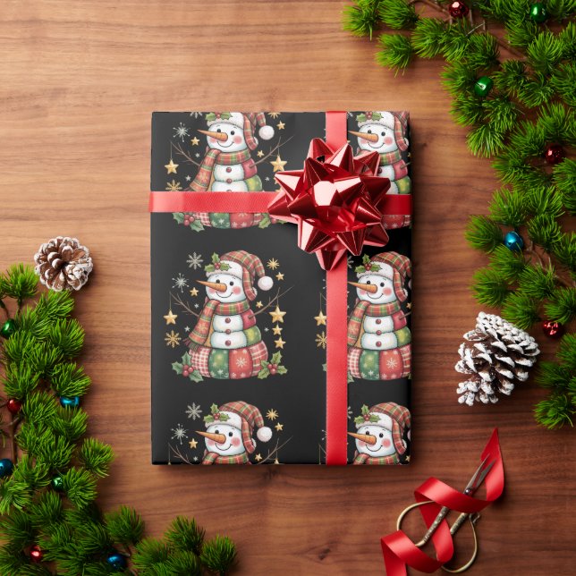 Papel De Regalo Retro Patchwork Snowman Feliz Navidad (Regalo de vacaciones)