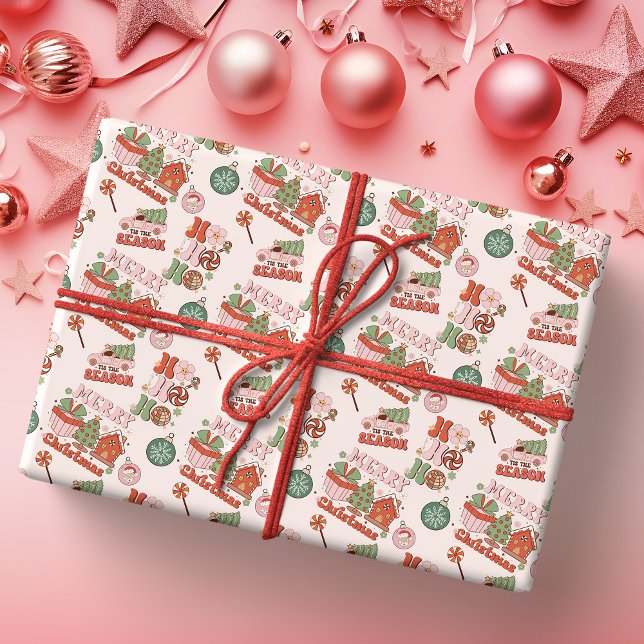 Papel De Regalo Retro Pink and Green Holiday Joy (Subido por el creador)