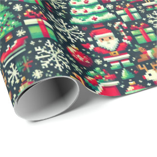 Papel De Regalo Retro Pixel Art Christmas Wrapping Paper