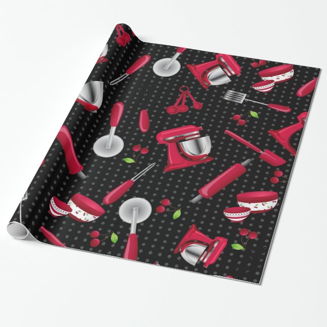 Papel De Regalo Retro Polka Dot Red Kitchen Gadget (Desenrollado)