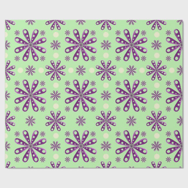 Papel De Regalo Retro Purple Flowers on Green Background (Superficie plana)