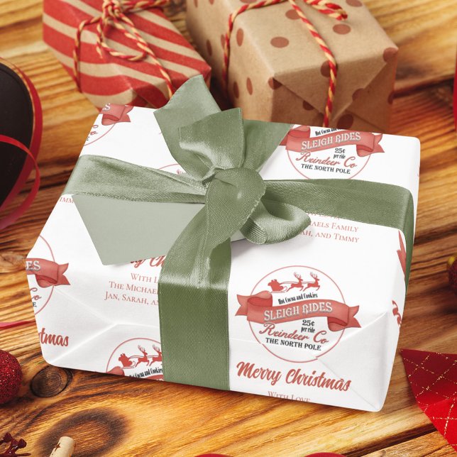 Papel De Regalo Retro Rojo Navidades reno personalizado (Christmas custom gift wrap. with whimsical reindeer sleigh rides. )