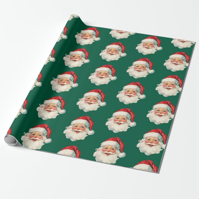 Papel De Regalo Retro Santa Face Christmas Green (Desenrollado)