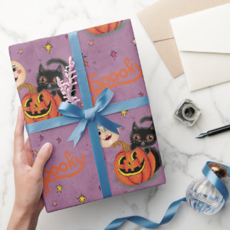Papel De Regalo Retro Spooky Gatitos Mofilas de calabaza en morado