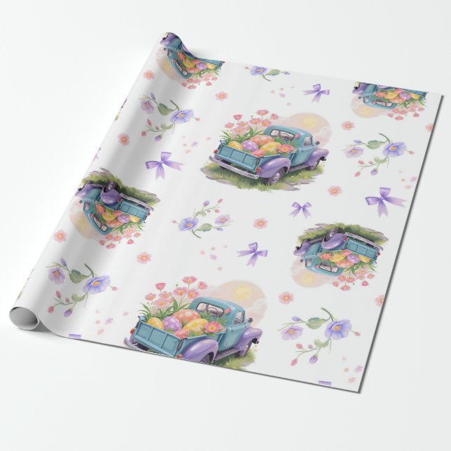 Papel De Regalo Retro Teal & Purple Truck with Easter Eggs (Desenrollado)