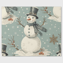 Papel De Regalo Retro Vintage Muñeco de Nieve Navideño 