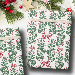 Papel De Regalo Retro Vintage Navidad Rojo Verde Bayas de Acebo