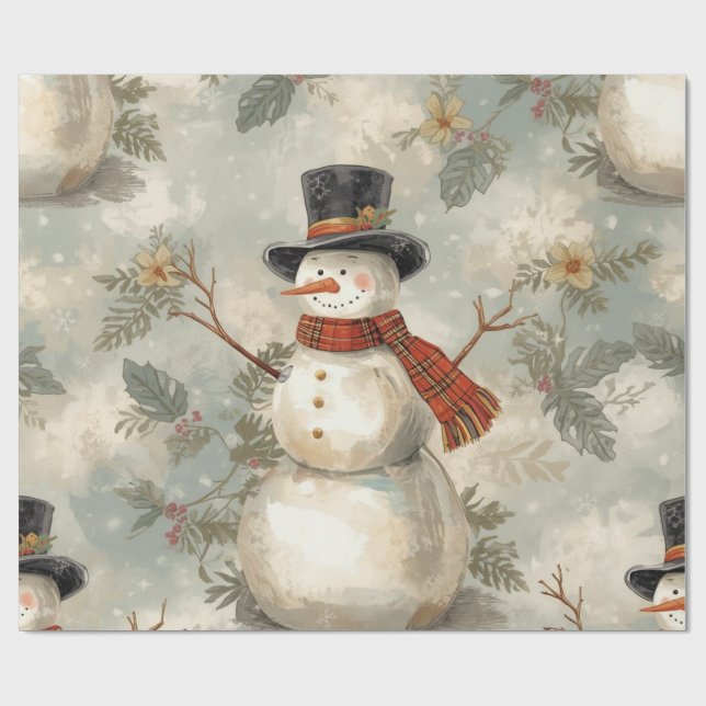 Papel De Regalo Retro Vintage Snowman Cute Christmas  (Superficie plana)