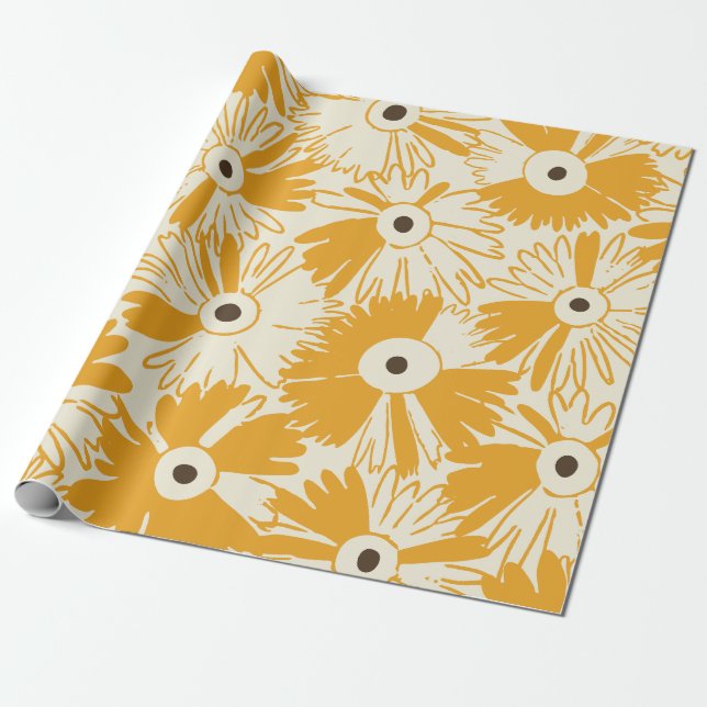 Papel De Regalo Retro Wildflower Large Scale Floral Goldenrod (Desenrollado)