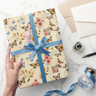 Papel De Regalo Revestimiento de mariposa y flores de época