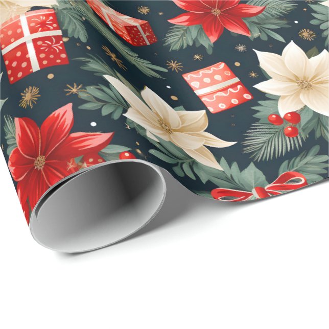 Papel De Regalo Ricos rojos y Navidades de crema de Poinsettia (Esquina del rollo)