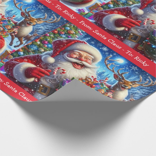 Papel De Regalo Riéndose de Santa Claus añada Navidades de nombre  (Esquina)