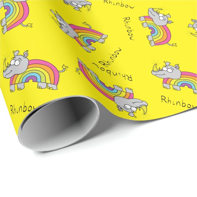 Papel De Regalo Rinoceronte arcoiris con niños rinocerontes (Esquina del rollo)