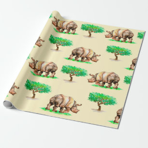 Papel De Regalo Rinoceronte de acuarela pintado a mano sin problem