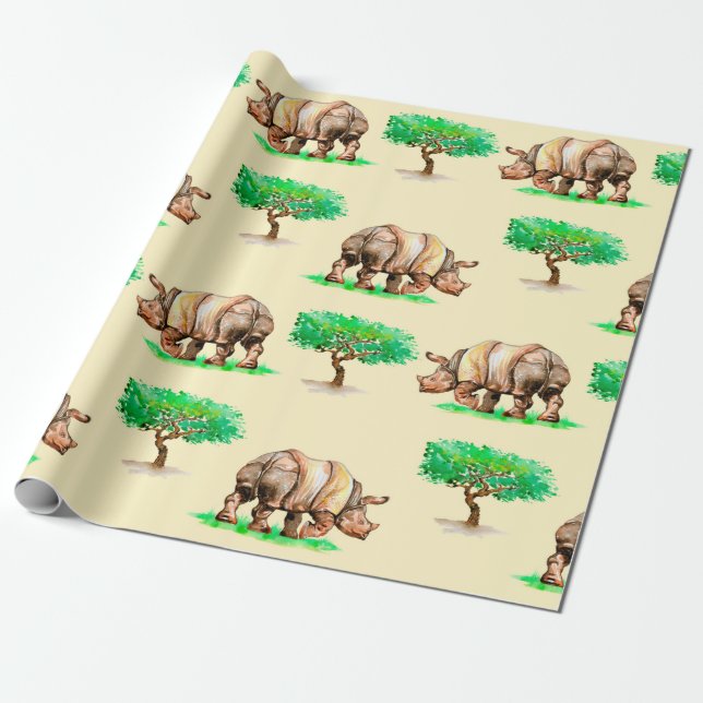 Papel De Regalo Rinoceronte de acuarela pintado a mano sin problem (Desenrollado)