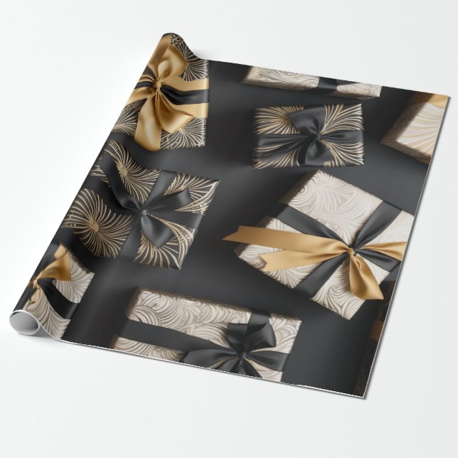 Papel De Regalo Roaring '20s, con patrones de oro art deco (Desenrollado)