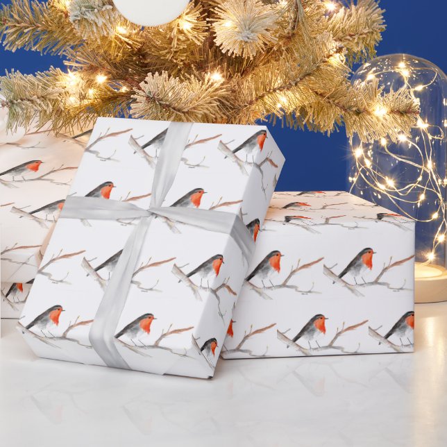 Papel De Regalo Robin Bird Woodland Rustic Xmas acuarela (Vacaciones)