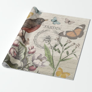 Papel De Regalo Robin Elegant Bird Butterfly Arte Francés