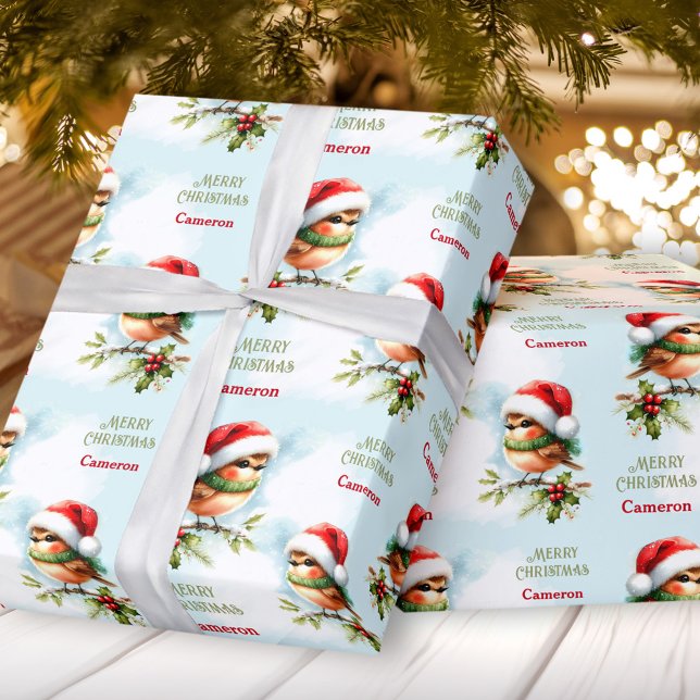 Papel De Regalo Robin lindo en Santa Hat Navidades Niños Nombre te (Cute Robin in Santa Hat Christmas Kids Name Text Wrapping Paper)