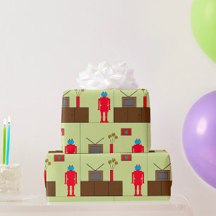 Papel De Regalo Robot rojo retro