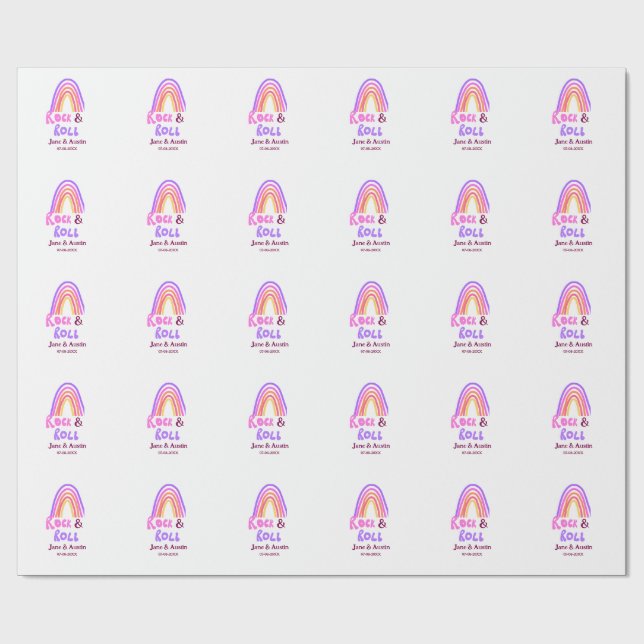 Papel De Regalo Rock & roll wedding add couple name retro rainbow  (Superficie plana)