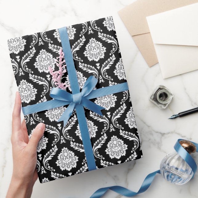 Papel De Regalo Rococo Damask Rpt Patrón Blanco sobre Negro (Regalar)