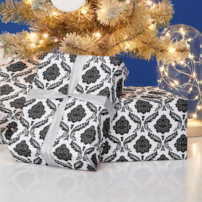 Papel De Regalo Rococo Damask Rpt Patrón Negro sobre Blanco (Vacaciones)