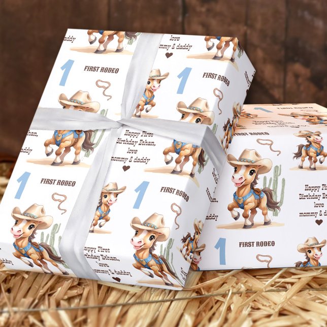 Papel De Regalo Rodeo Cowboy Caballo Nombre Occidental Niño Primer (Rodeo Cowboy Horse Western Name Boy 1st Birthday Wrapping Paper)