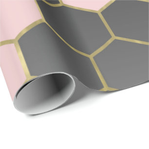 Papel De Regalo Rojizo Rosa Gris y Dorado Hexágono Glam Moderno