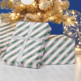 Papel De Regalo Rojizo Rosa Verde Brillo Rayas Navidad
