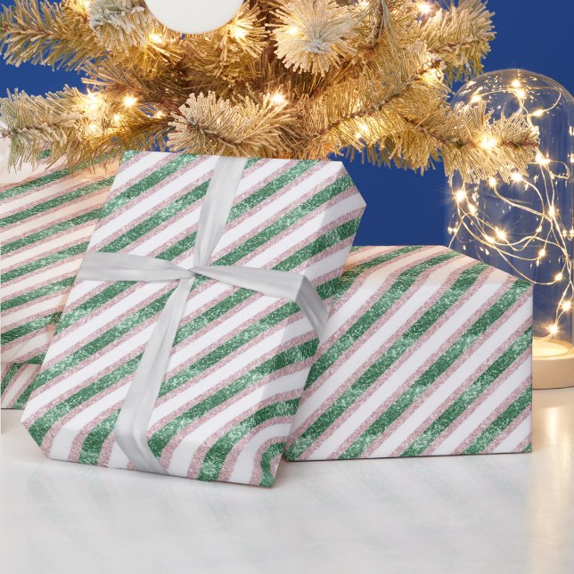 Papel De Regalo Rojizo Rosa Verde Brillo Rayas Navidad (Vacaciones)