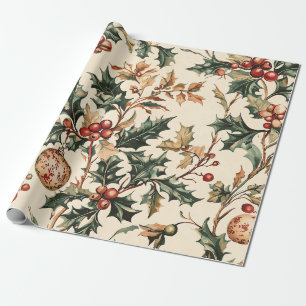 Papel De Regalo Rojo Antiguo Verde Acebo Bronce Adorno Invierno