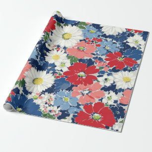 Papel De Regalo Rojo Azul Blanco Floral Patriótico (3)