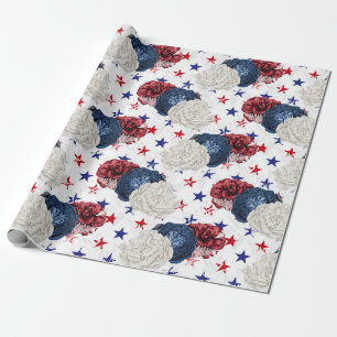 Papel De Regalo Rojo Blanco y Azul Floral del Cuatro de Julio