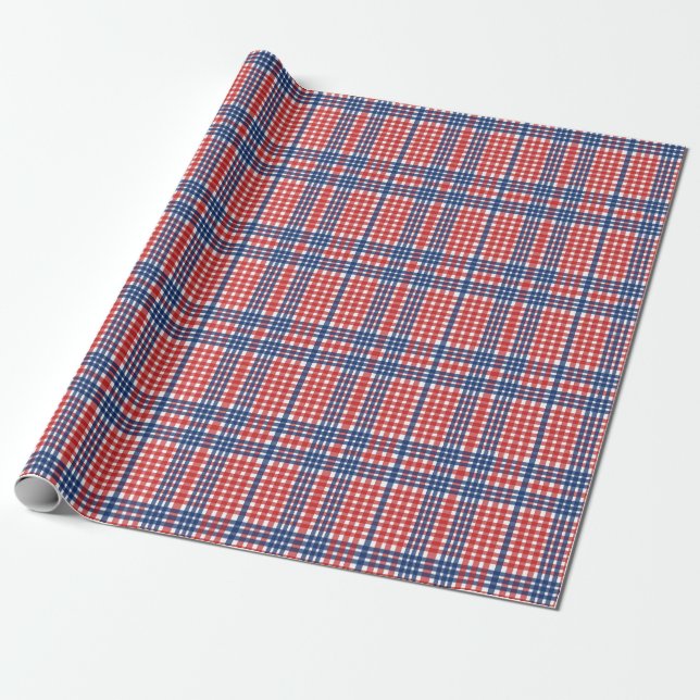 Papel De Regalo Rojo blanco y azul Gingham Plaid (Desenrollado)