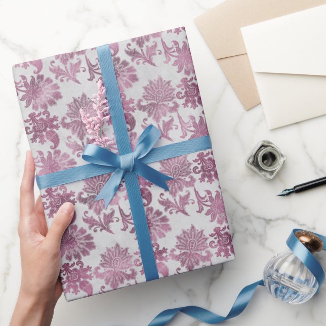 Papel De Regalo Rojo Borgoña Floral Plateado (Regalar)