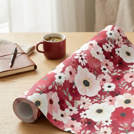 Papel De Regalo Rojo Borgoña y Floral de Anémona Rosada