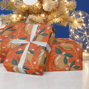 Papel De Regalo Rojo Cálido Vintage Botánico Frutas Floral Navidad