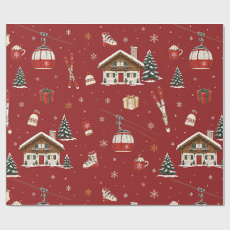 Papel de regalo rojo cereza de Navidad de esquí al