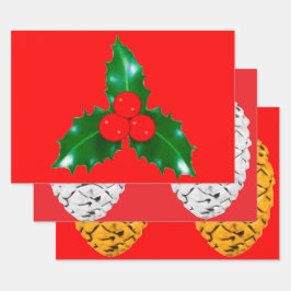 Papel de regalo rojo de acebo y piñas